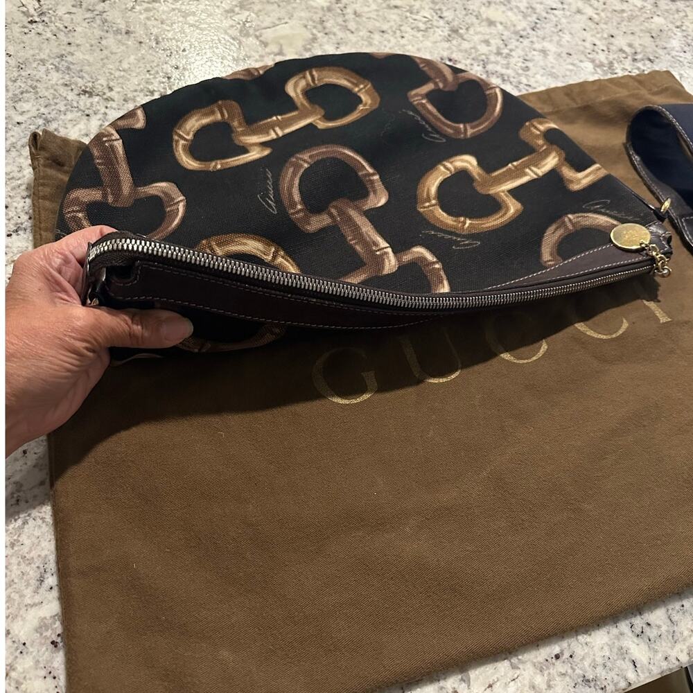 Rare vintage Gucci Half Moon bamboo Horsebit canvas & leather hobo brown black - Picture 8 of 17
